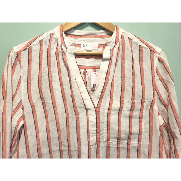 New 100% Linen Long Sleeve V Neck Pop Over Tunic Top Stripe Gap Sz S - Picture 2 of 7